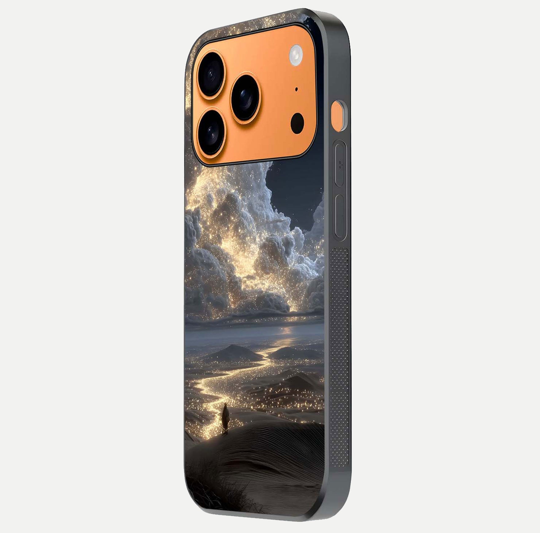 Moonlight Spark Path Glass Case for iPhone 17 Pro Max side-angle image showing reflection and moonlit detail