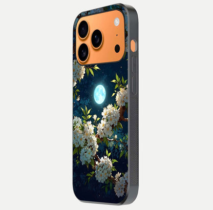 Moonlit Blossom Dream Glass Case for iPhone 17 Pro Max side-angle image showing shine depth and flower glow