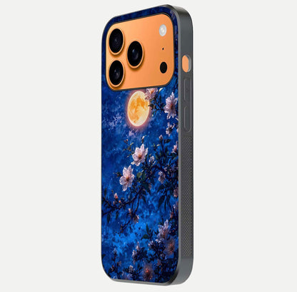 Moonlit Blossoms Night Glass Case for iPhone 17 Pro Max side-angle image revealing shine and night bloom texture