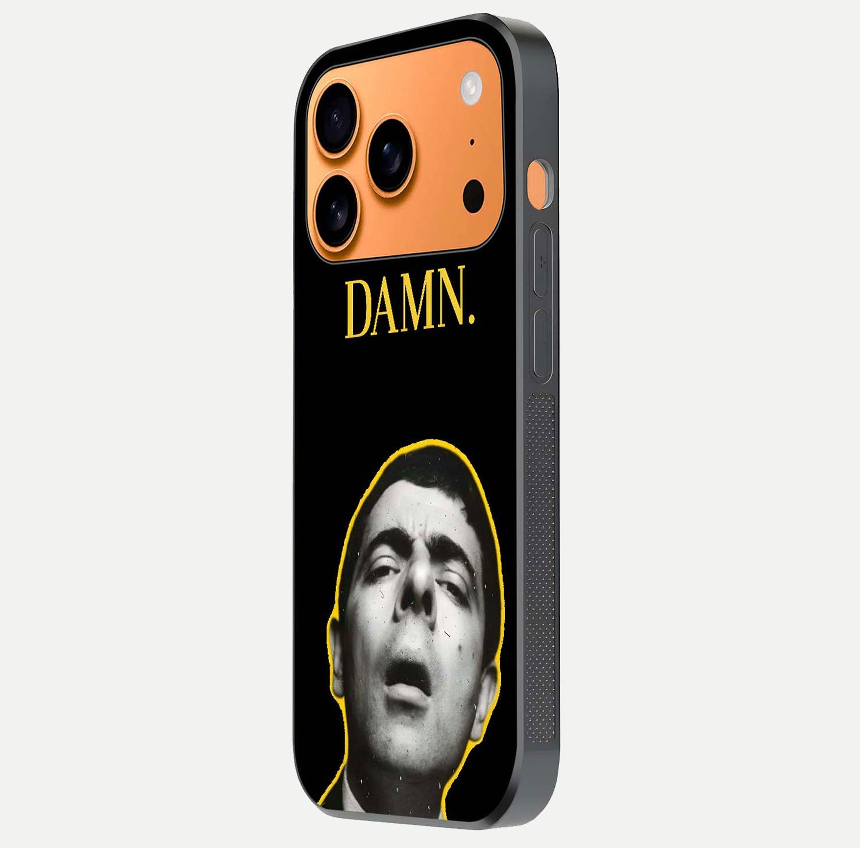 Mr Bean Damn Glass Case for iPhone 17 Pro Max side-angle image emphasizing HD print clarity and playful theme