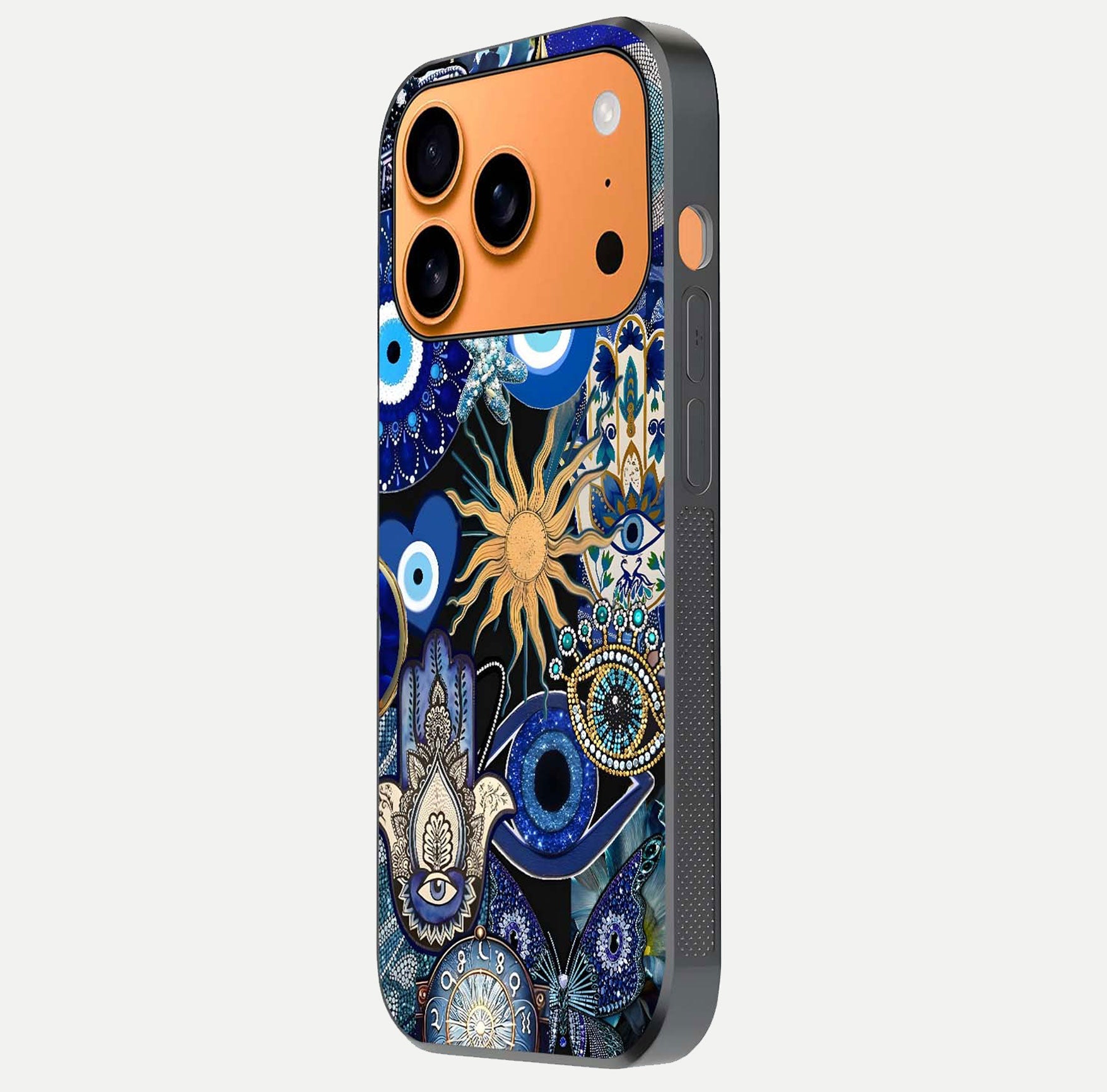 Mystic Blue Evil Eye Glass Case for iPhone 17 Pro Max side-angle image showing smooth gloss and charm design