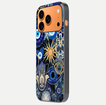 Mystic Blue Evil Eye Glass Case for iPhone 17 Pro Max side-angle image showing smooth gloss and charm design