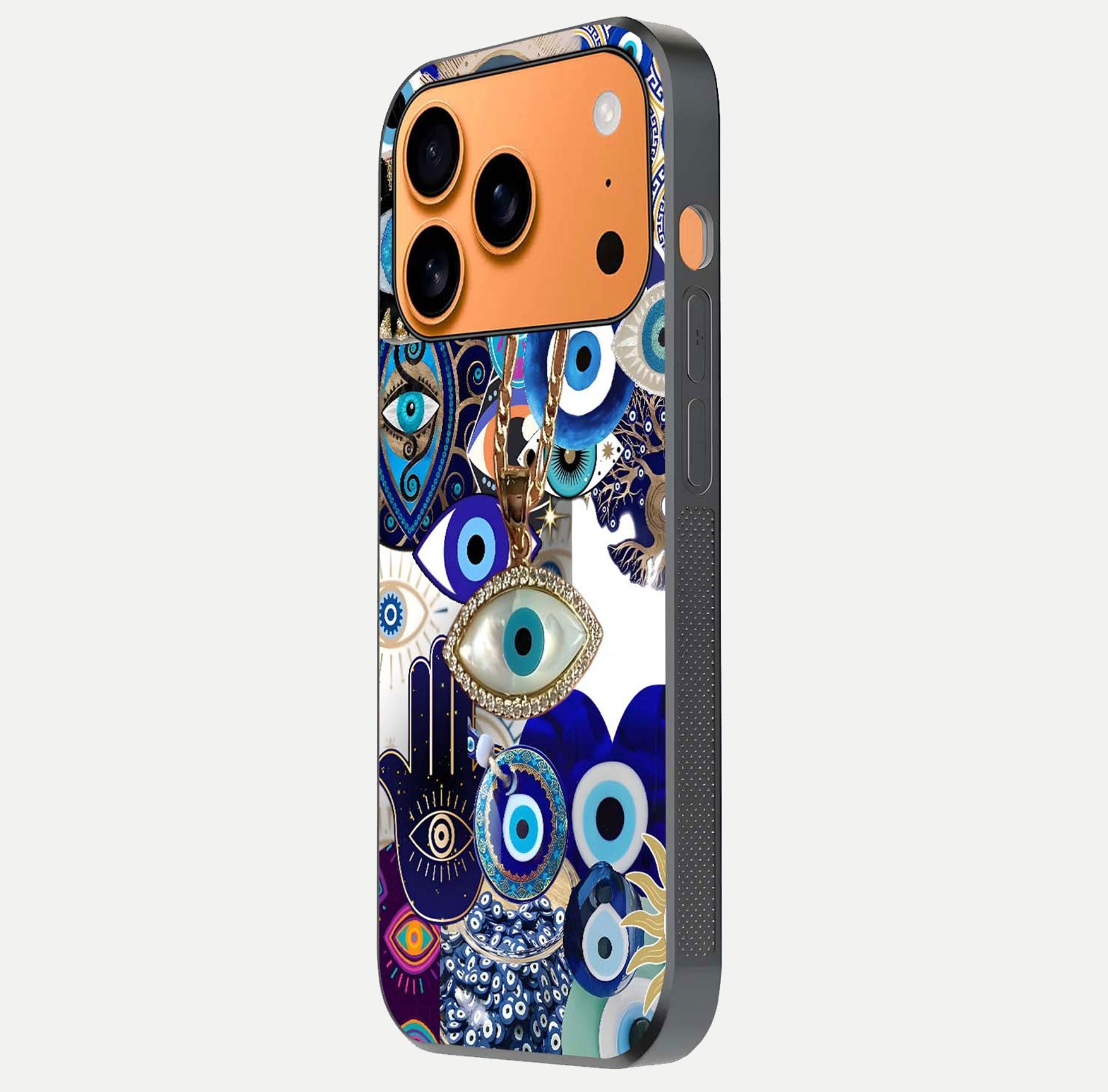 Mystic Charm Eye Glass Case for iPhone 17 Pro Max side-angle image showing HD reflection and sacred tone