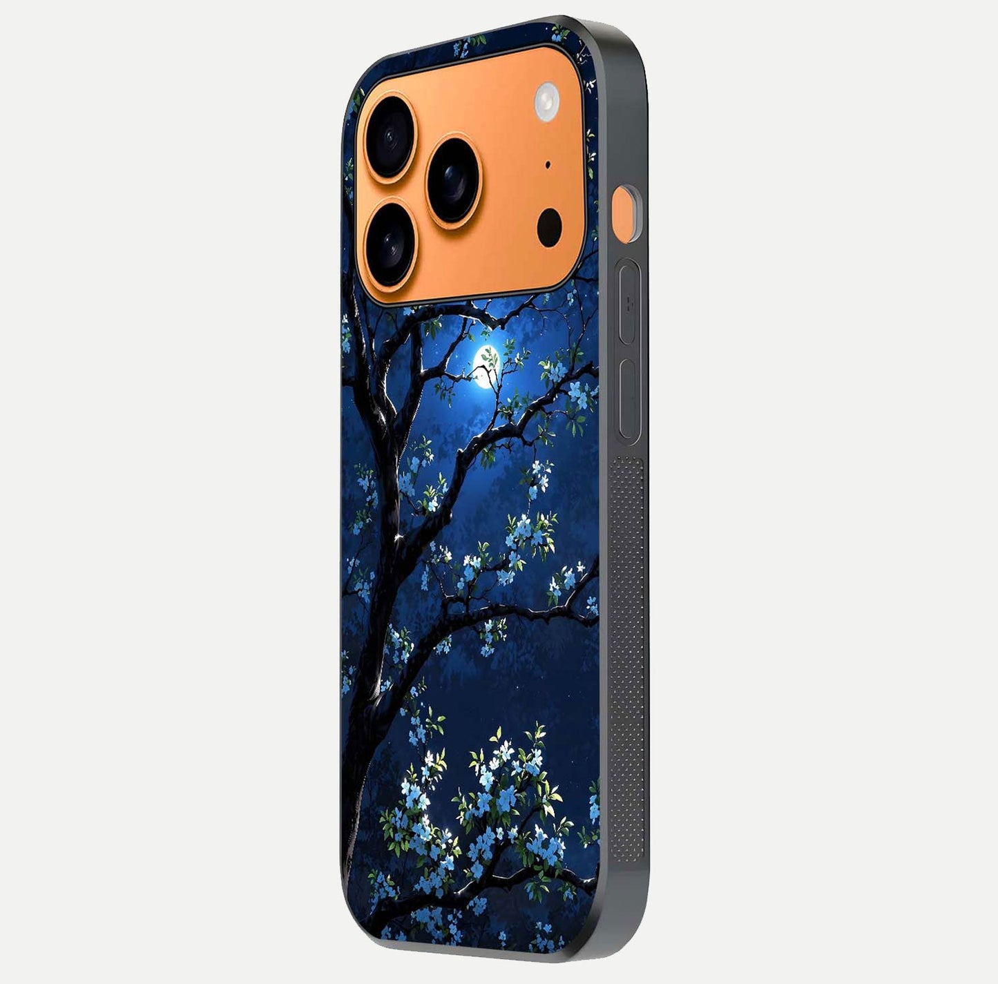 Mystic Floral Night Glass Case for iPhone 17 Pro Max side-angle image showing gloss surface and midnight floral tones