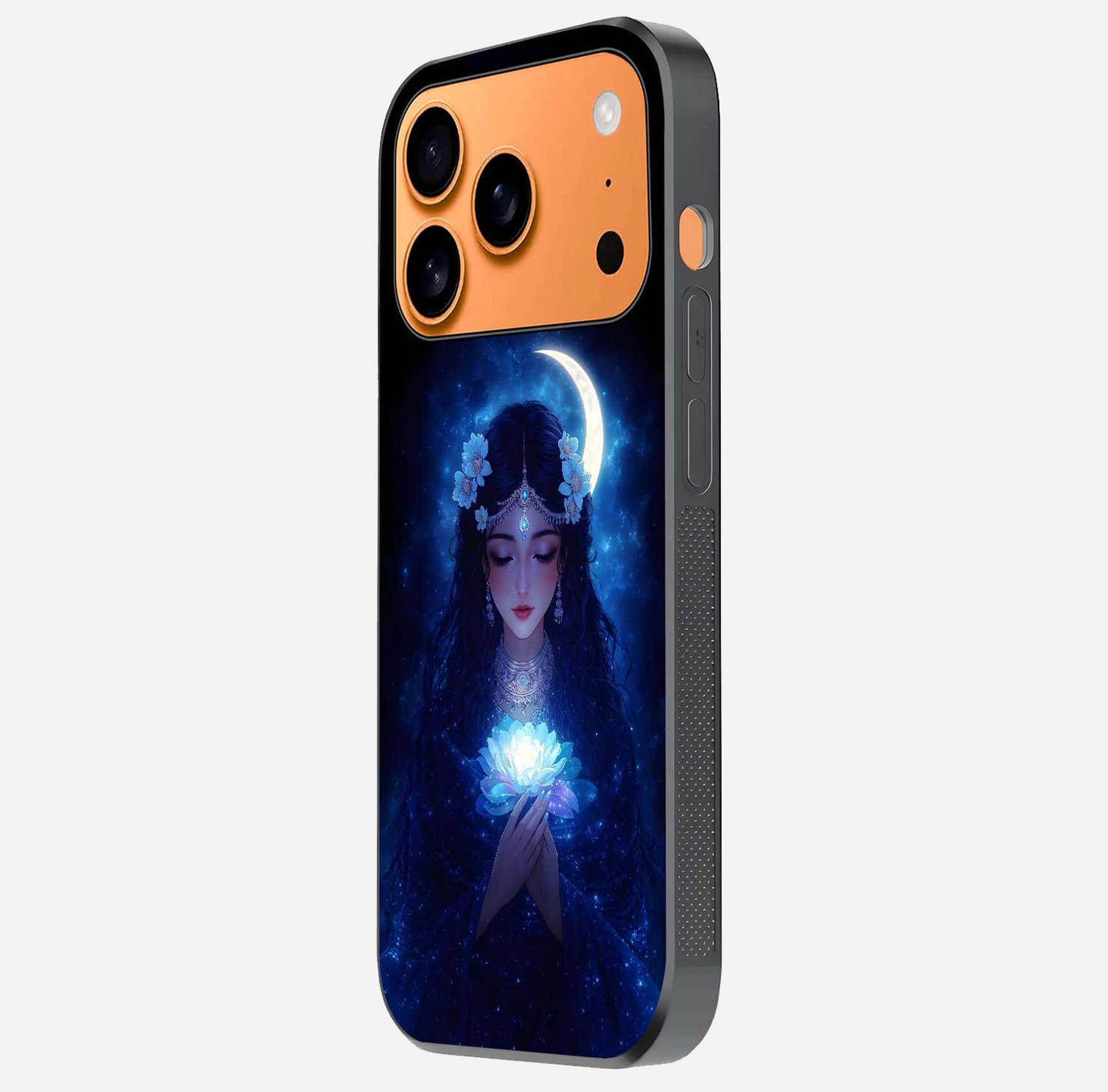 Mystic Moon Queen Glass Case for iPhone 17 Pro Max side-angle image showing reflection and celestial details