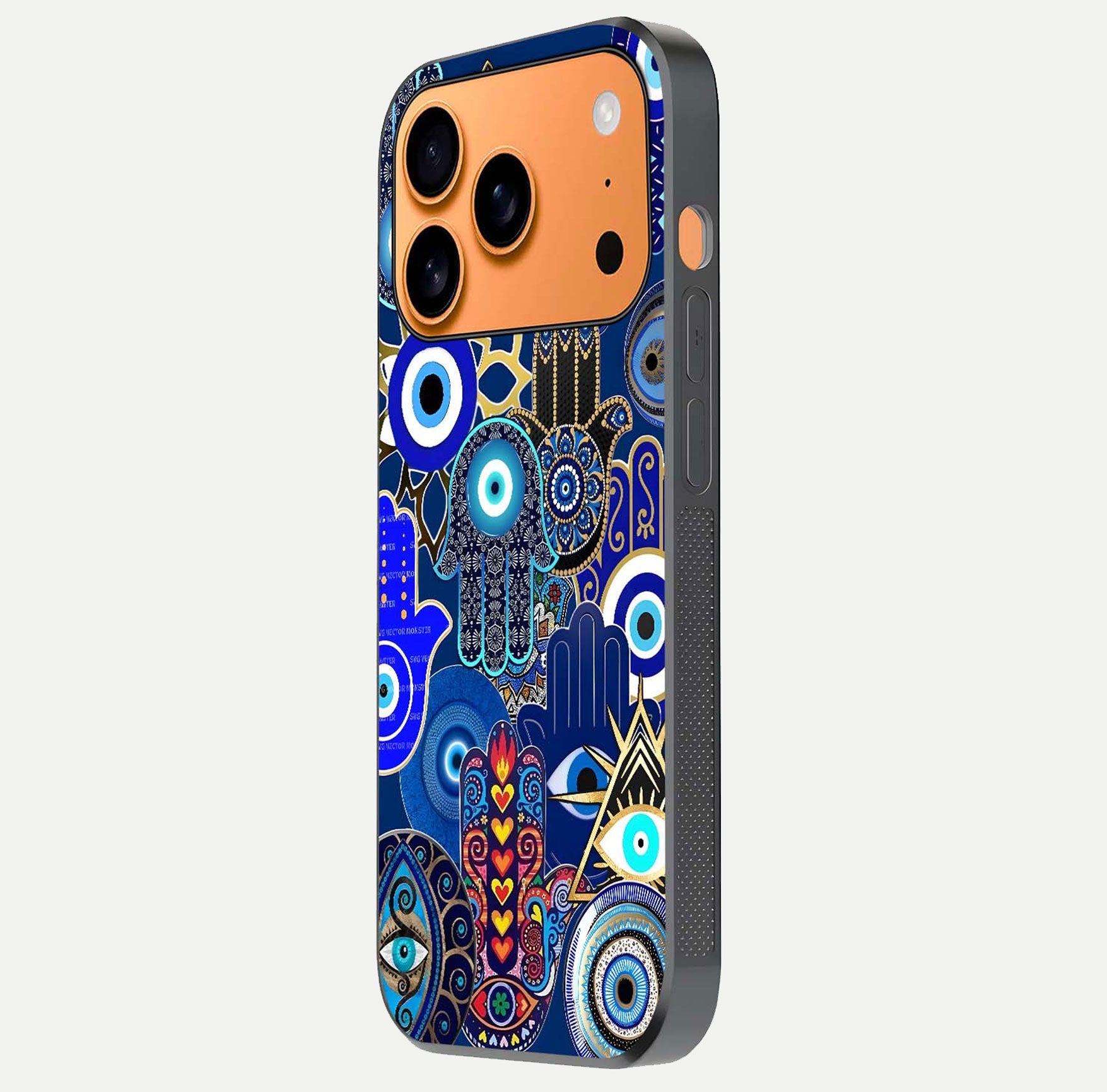 Mystic Palm Guard Glass Case for iPhone 17 Pro Max side-angle image showing shine depth and sacred motif