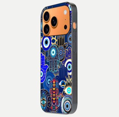Mystic Palm Guard Glass Case for iPhone 17 Pro Max side-angle image showing shine depth and sacred motif
