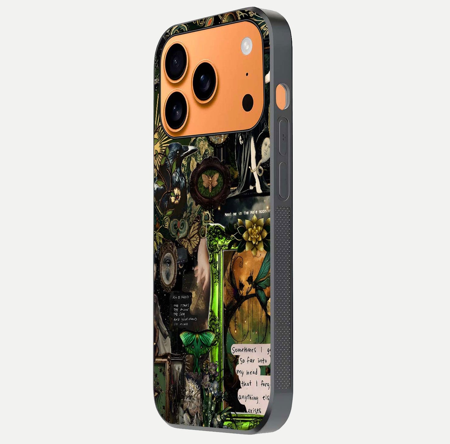 Mystic Woods Secret Glass Case for iPhone 17 Pro Max side-angle image showing gloss reflection and forest pattern