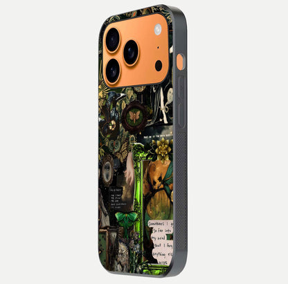 Mystic Woods Secret Glass Case for iPhone 17 Pro Max side-angle image showing gloss reflection and forest pattern