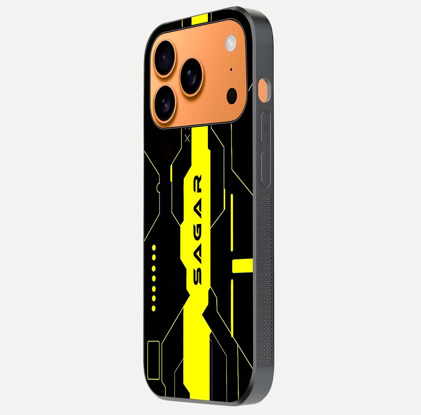 Neon CYBERPUNK Custom Name Glass Case for iPhone 17 Pro Max side-angle image showing glow depth and bold print