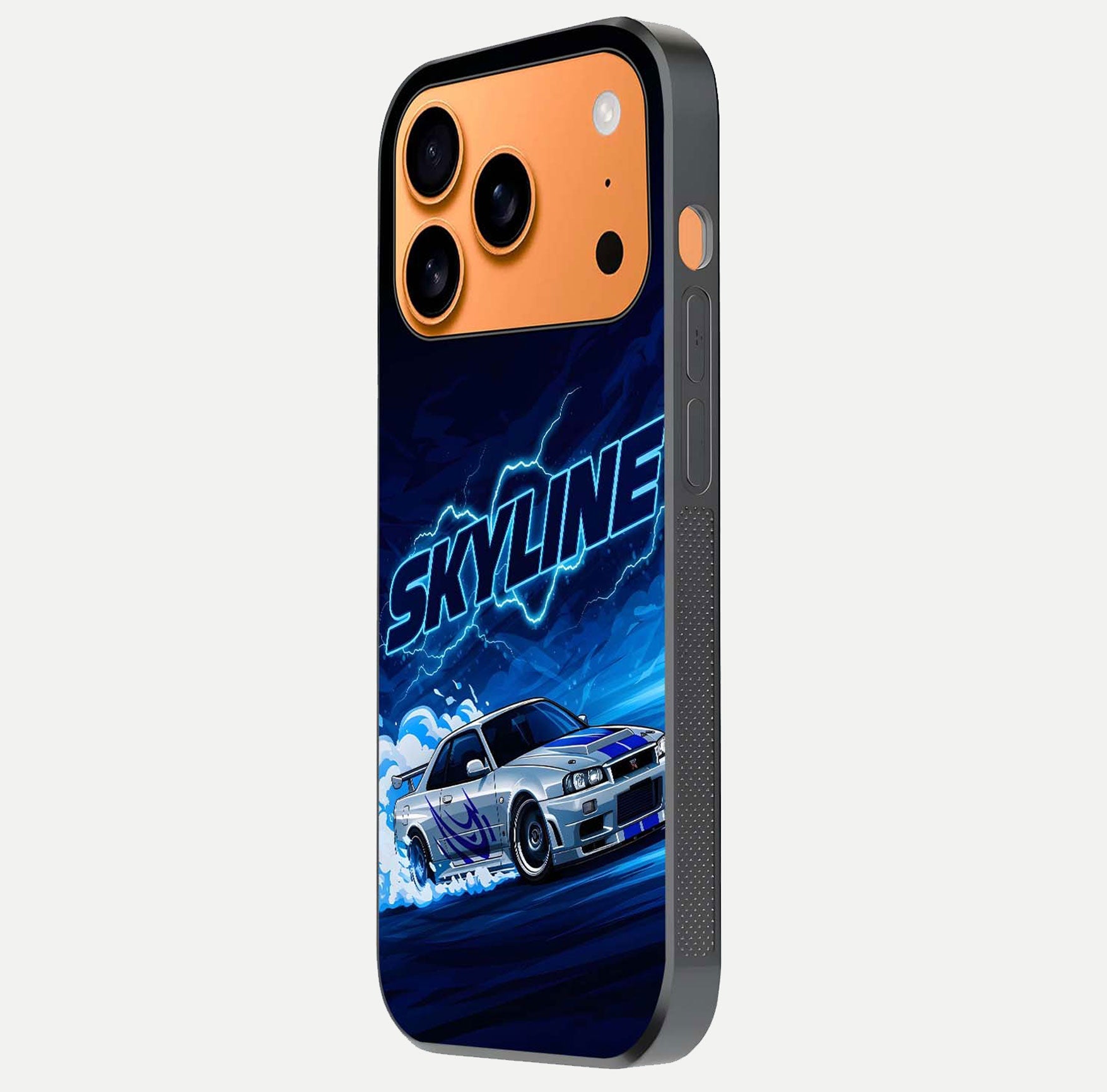 Neon Drift Beast Glass Case for iPhone 17 Pro Max side-angle image showing reflection depth and bold neon tones
