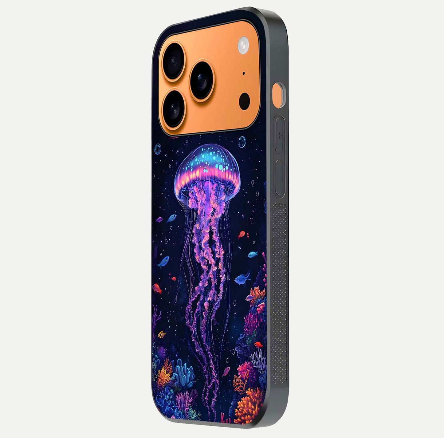 Neon Jellyfish Glass Case for iPhone 17 Pro Max side-angle image showing reflection and oceanic light detailing