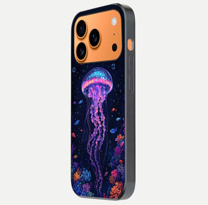 Neon Jellyfish Glass Case for iPhone 17 Pro Max side-angle image showing reflection and oceanic light detailing