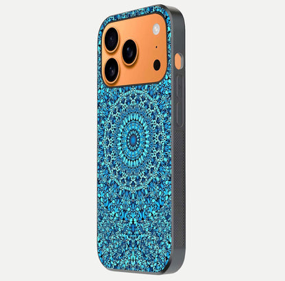 Ocean Bloom Mandala Glass Case for iPhone 17 Pro Max side-angle image showing reflection and detailed floral pattern
