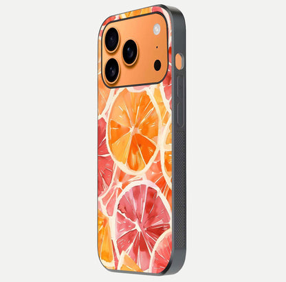 Orange Fruits Pattern Glass Case for iPhone 17 Pro Max side-angle image showing glossy shine and citrus pattern