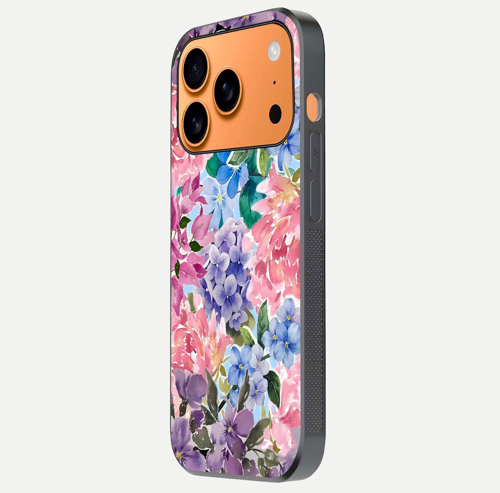 Pastel Floral Mix Glass Case for iPhone 17 Pro Max side-angle image showing reflection and delicate pastel hues