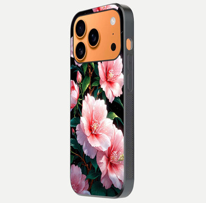 Peach Flower Glass Case for iPhone 17 Pro Max side-angle image showing gloss depth and peach blossom detail