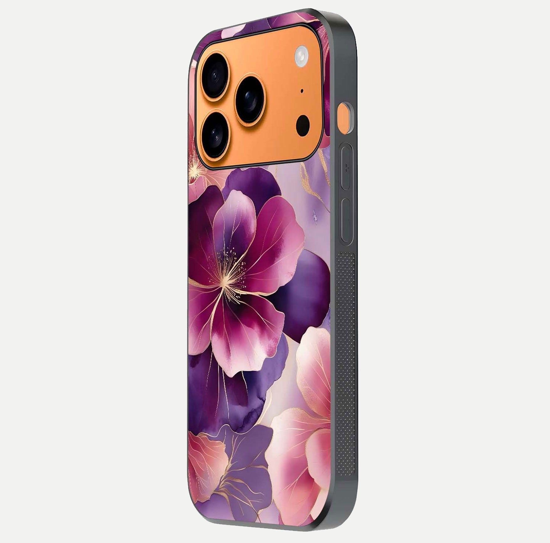 Pink Bouquet Florals Glass Case for iPhone 17 Pro Max side-angle image showing floral texture and reflection clarity