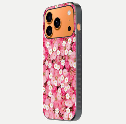 Pink Daisy Bliss Glass Case for iPhone 17 Pro Max side-angle image showing delicate daisy pattern and glass reflection