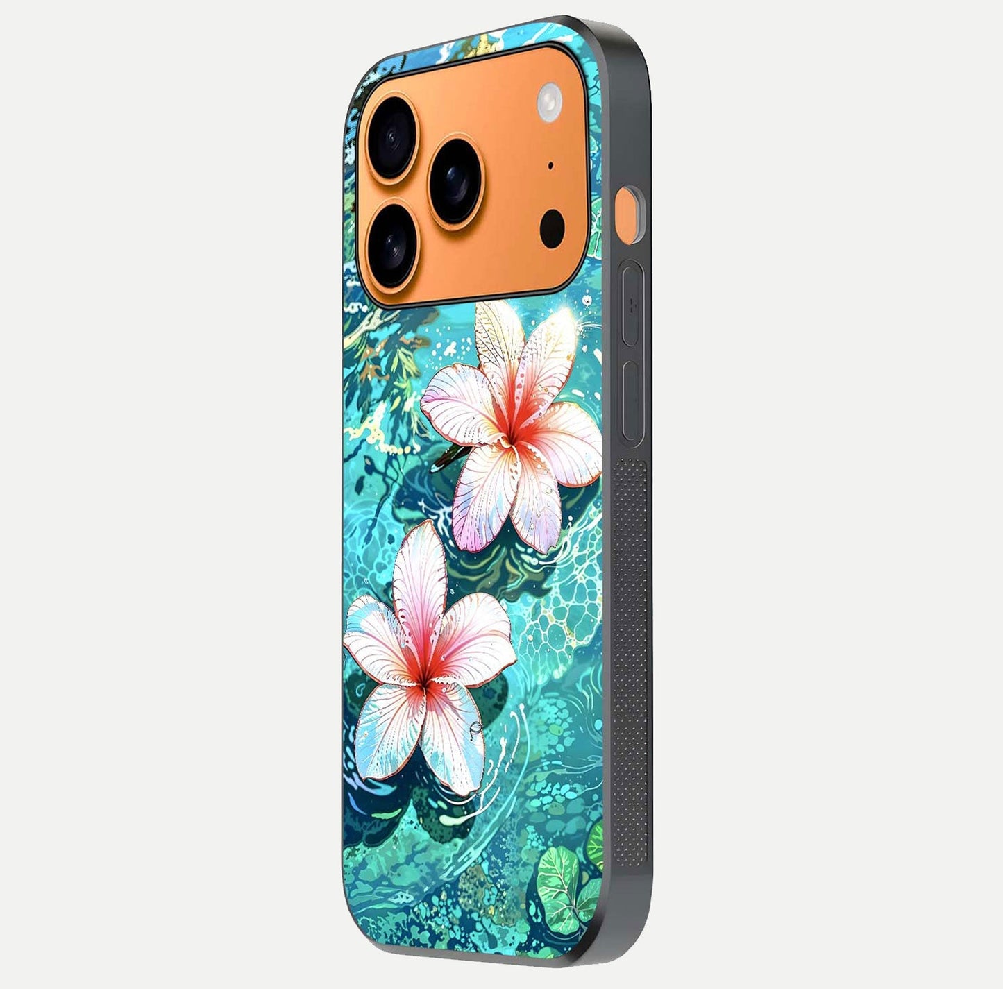 Pink Flowers in Water Glass Case for iPhone 17 Pro Max side-angle image showing reflection and depth of detail