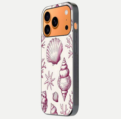 Pink Shells Outline Glass Case for iPhone 17 Pro Max side-angle image showing shine and intricate outline texture