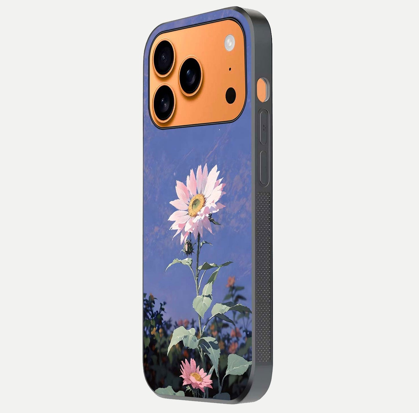 Pink Sunflower Glow Glass Case for iPhone 17 Pro Max side-angle image showing glossy edges and vivid sunflower tones