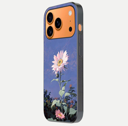 Pink Sunflower Glow Glass Case for iPhone 17 Pro Max side-angle image showing glossy edges and vivid sunflower tones