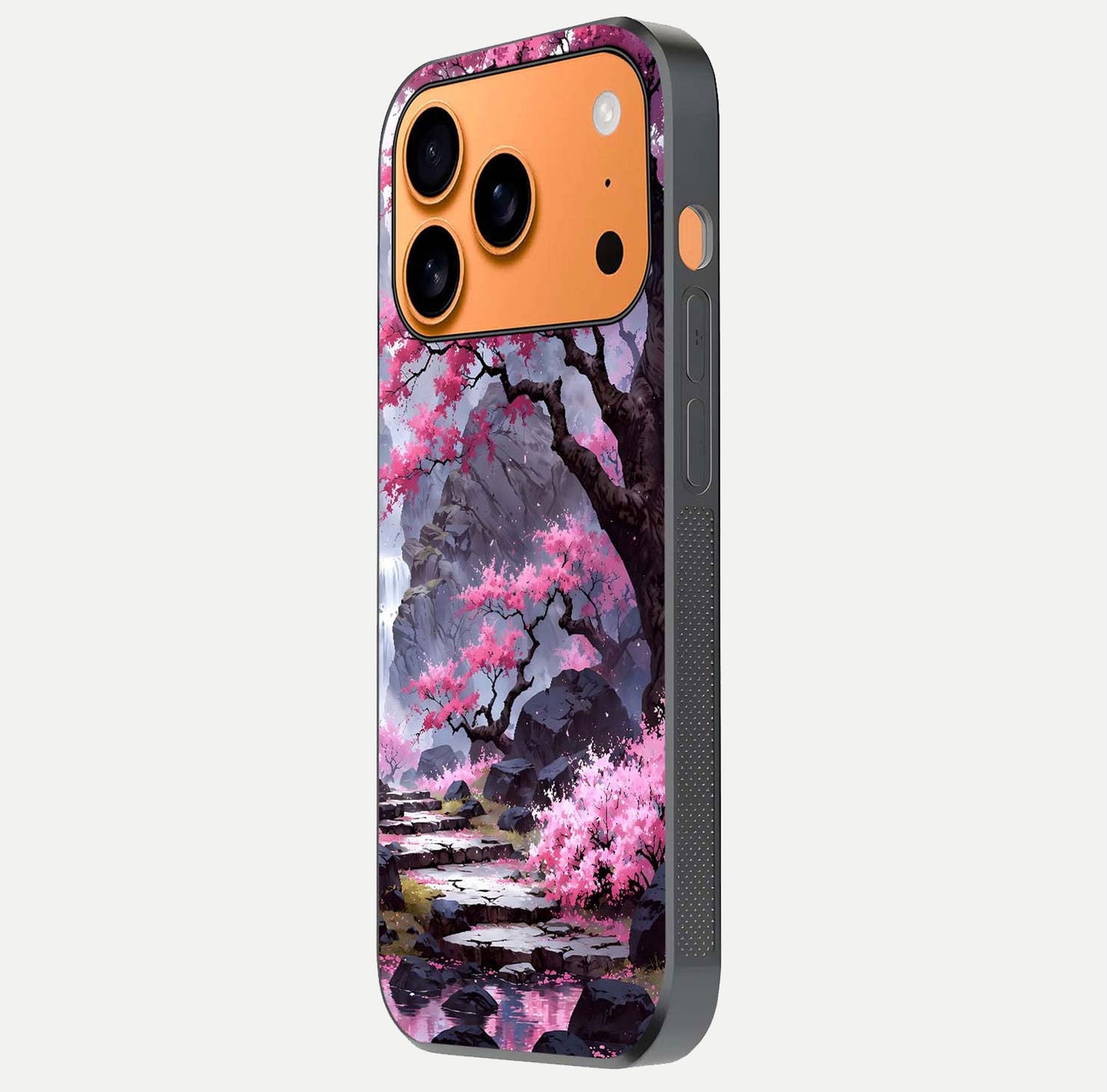 Pinkish Scenery Glass Case for iPhone 17 Pro Max side-angle image showing depth, gloss, and scenic details