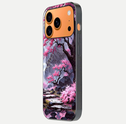 Pinkish Scenery Glass Case for iPhone 17 Pro Max side-angle image showing depth, gloss, and scenic details