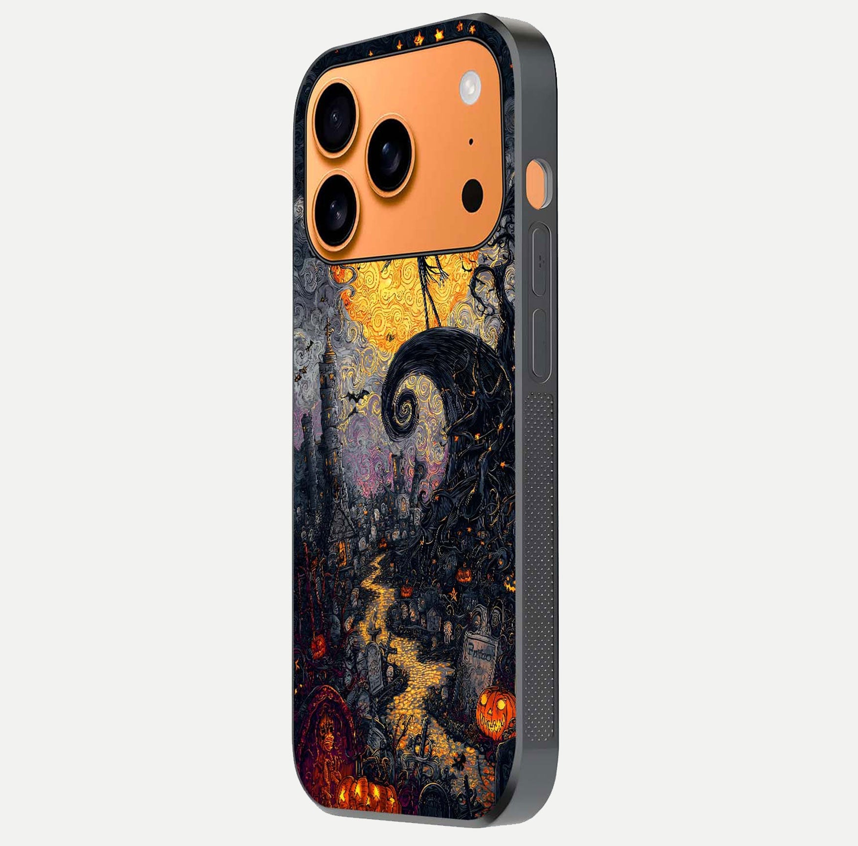 Pumpkin Moon Night Glass Case for iPhone 17 Pro Max side-angle image showing reflection depth and pumpkin pattern