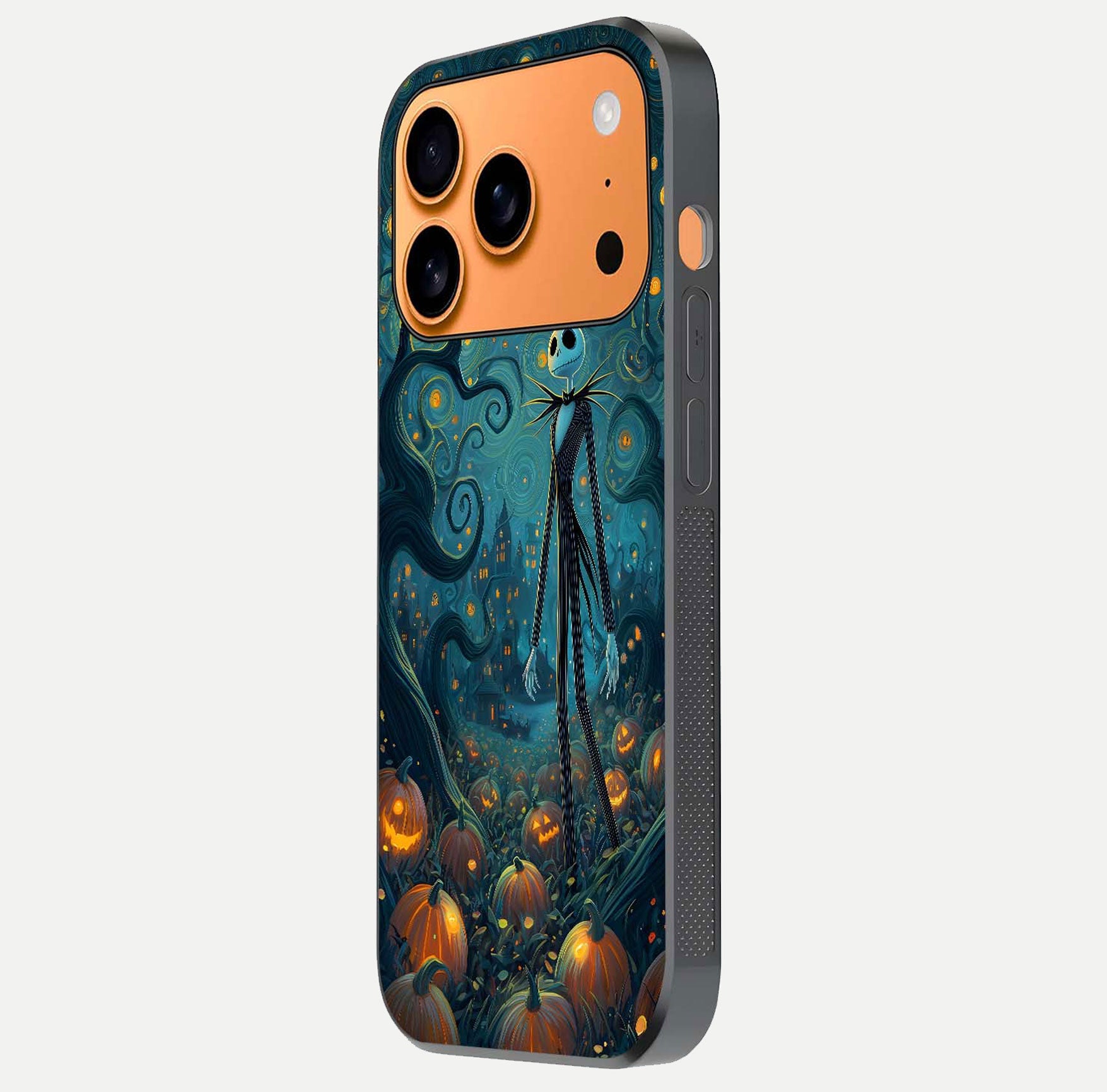 Pumpkin Moonlight Tale Glass Case for iPhone 17 Pro Max side-angle image showing glow texture and Halloween vibe