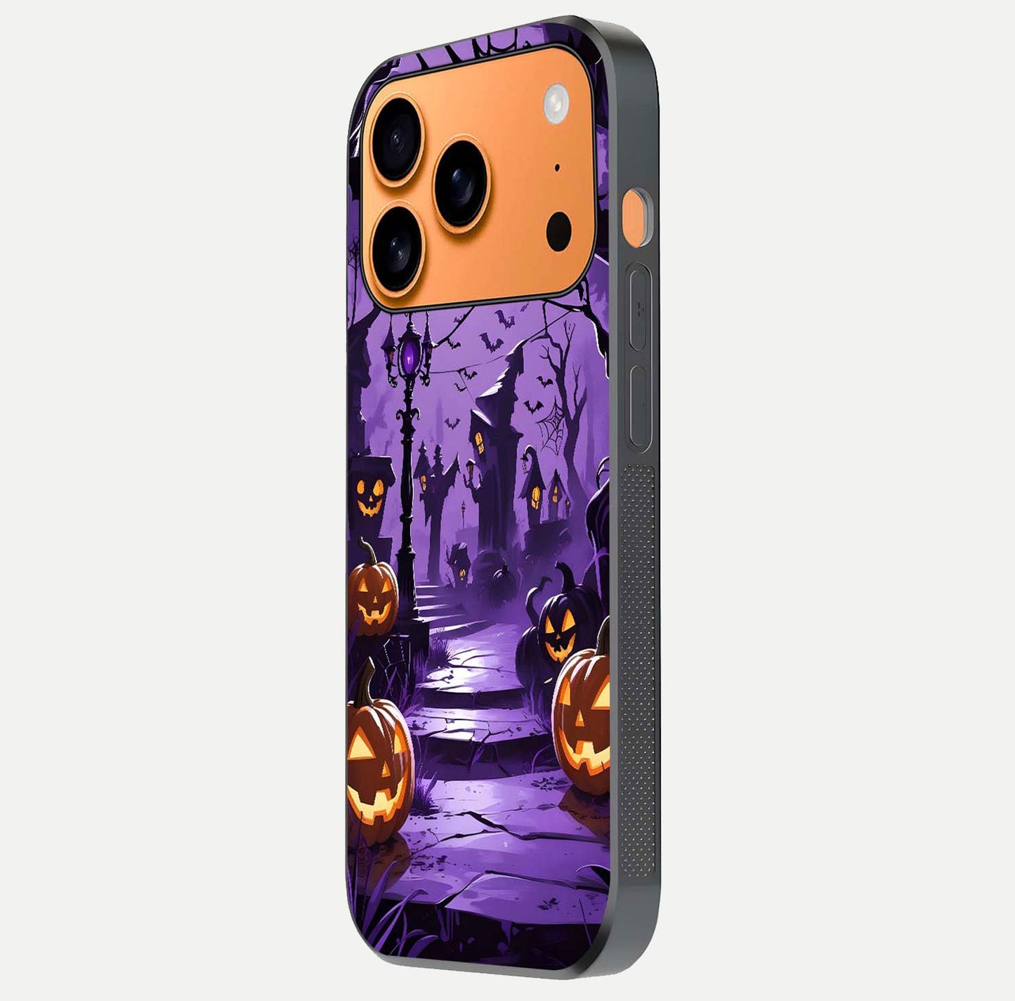Pumpkin Patch Halloween Glass Case for iPhone 17 Pro Max side-angle image showing shine, camera cutout, and spooky art
