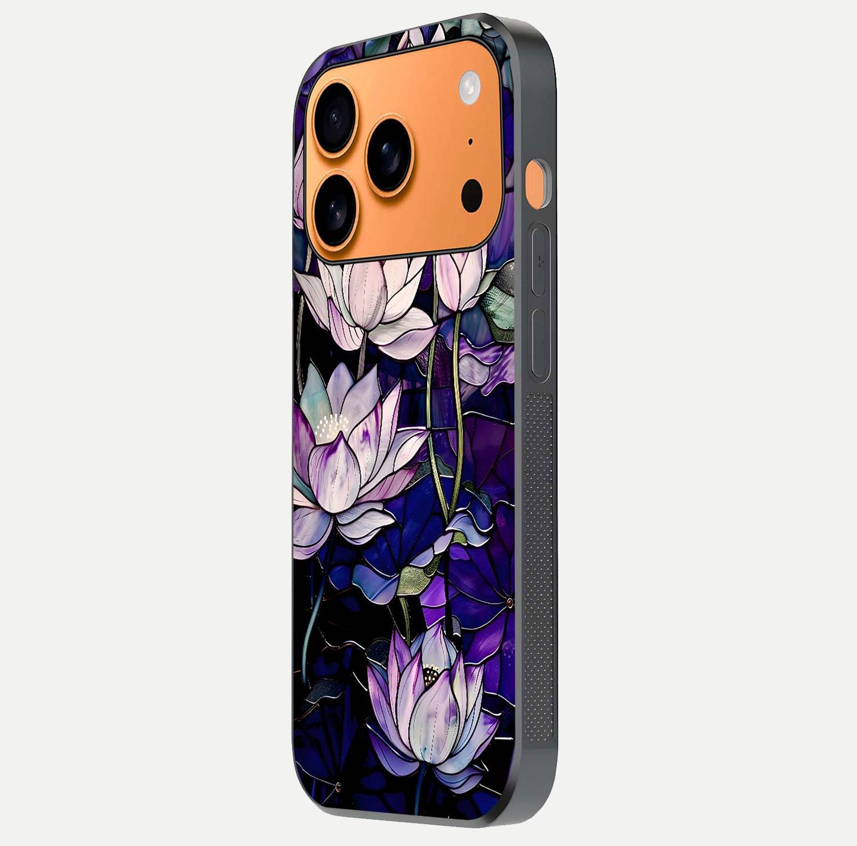 Purple Lotus Pattern Glass Case for iPhone 17 Pro Max side-angle image showing reflection depth and lotus detail