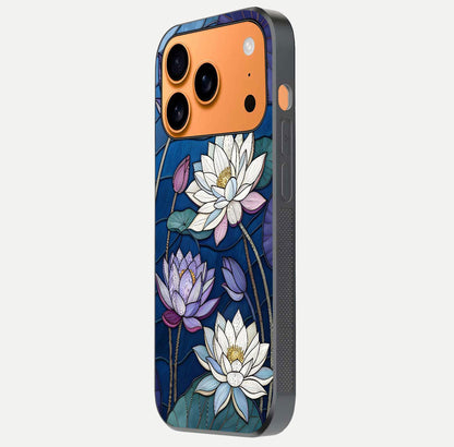 Purple Lotus Stained Glass Case for iPhone 17 Pro Max side-angle image showing gloss, reflection, and intricate detailing