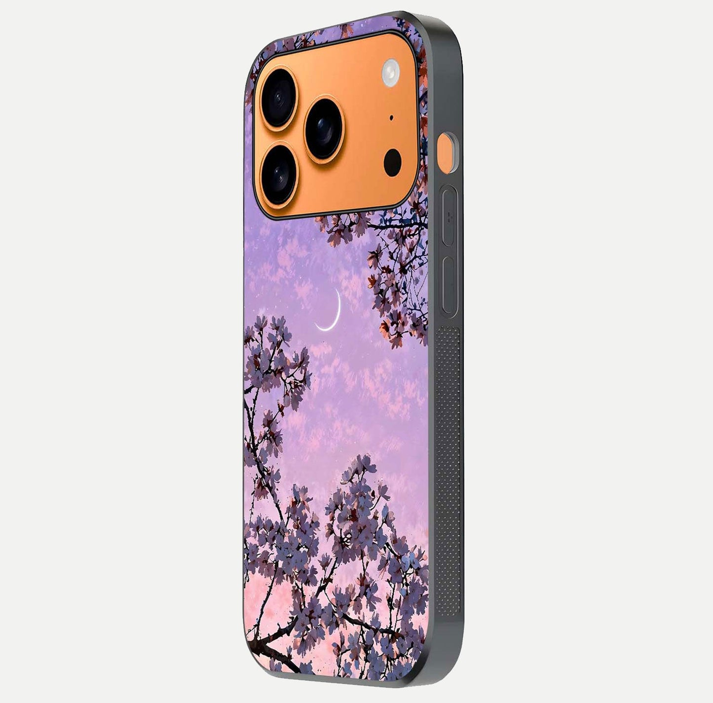 Purple Serenity Moon Glass Case for iPhone 17 Pro Max side-angle image showing reflection and lunar art precision