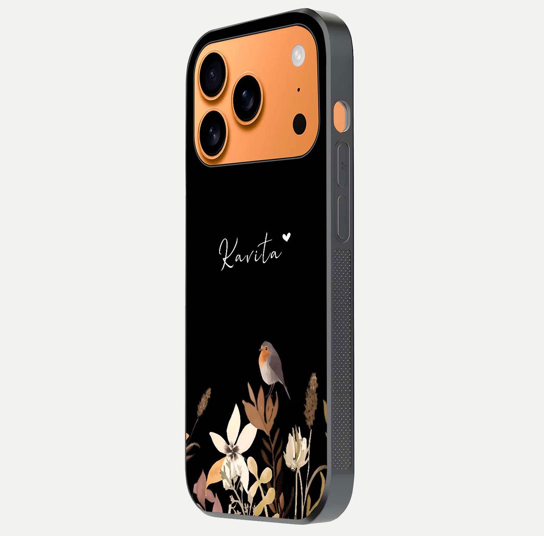 Quiet Garden Tune Custom Name Glass Case for iPhone 17 Pro Max side-angle image showing reflection and floral design