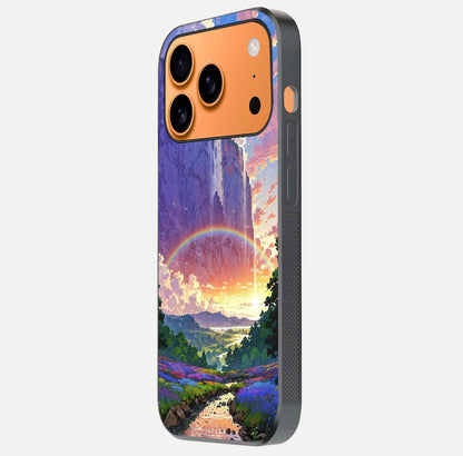 Rainbow Valley Dream Glass Case for iPhone 17 Pro Max side-angle image showing light reflection and scenic tones