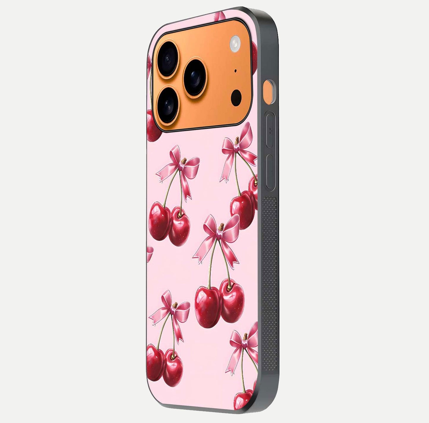 Red Cherries Pattern Glass Case for iPhone 17 Pro Max side-angle image showing gloss surface and cherry details