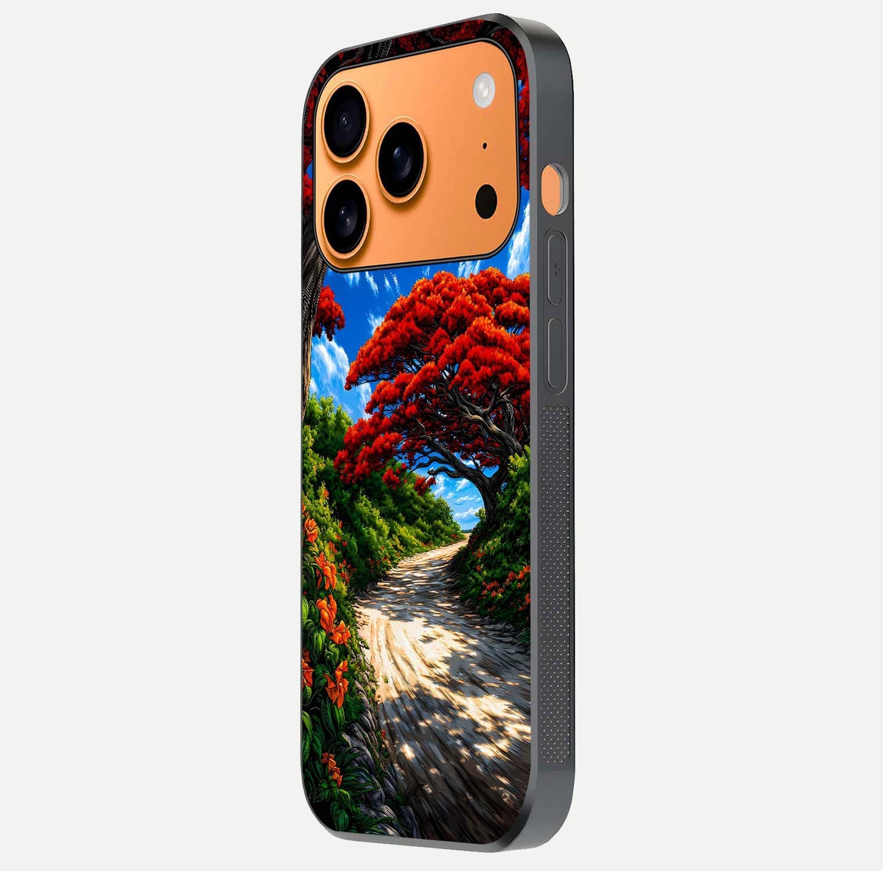 Red Trees Pathway Glass Case for iPhone 17 Pro Max side-angle image showing reflection and autumn vibe
