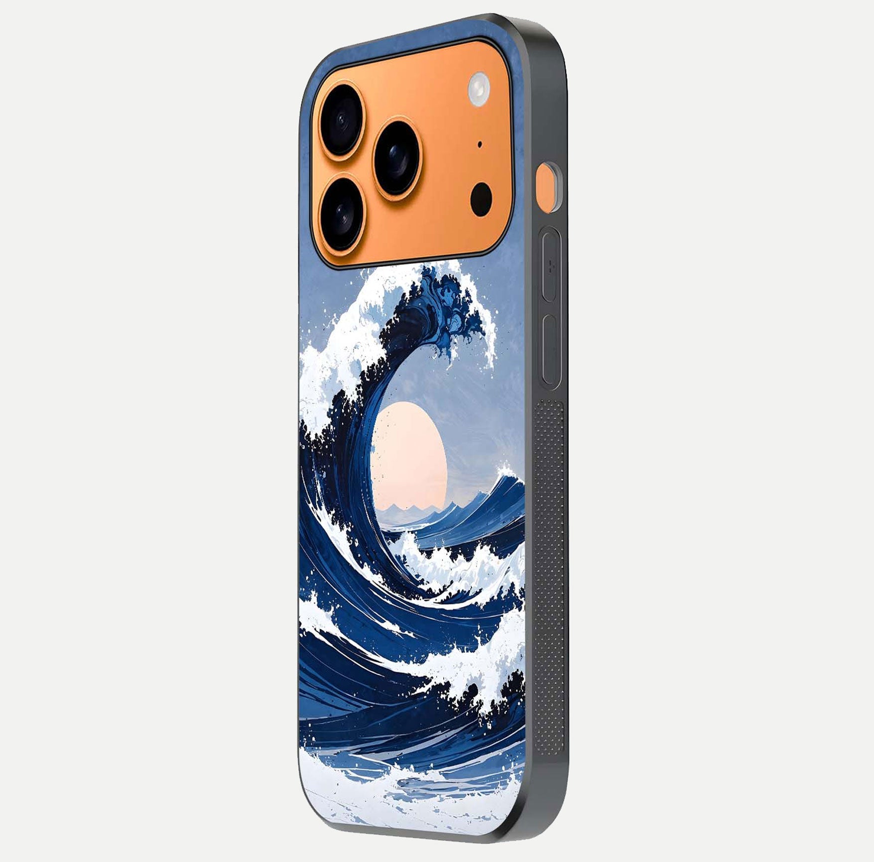 Rising Tide Power Glass Case for iPhone 17 Pro Max side-angle image showing shine and detailed ocean art