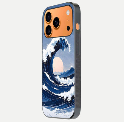 Rising Tide Power Glass Case for iPhone 17 Pro Max side-angle image showing shine and detailed ocean art