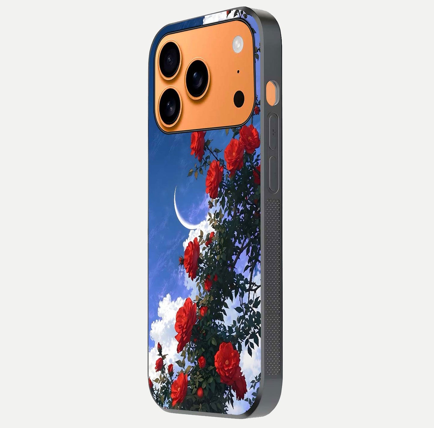 Rose Drift Flowers Glass Case for iPhone 17 Pro Max side-angle image showing reflection and petal detail