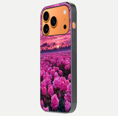 Rose Sunset Valley Glass Case for iPhone 17 Pro Max side-angle image showing smooth edges and floral glow