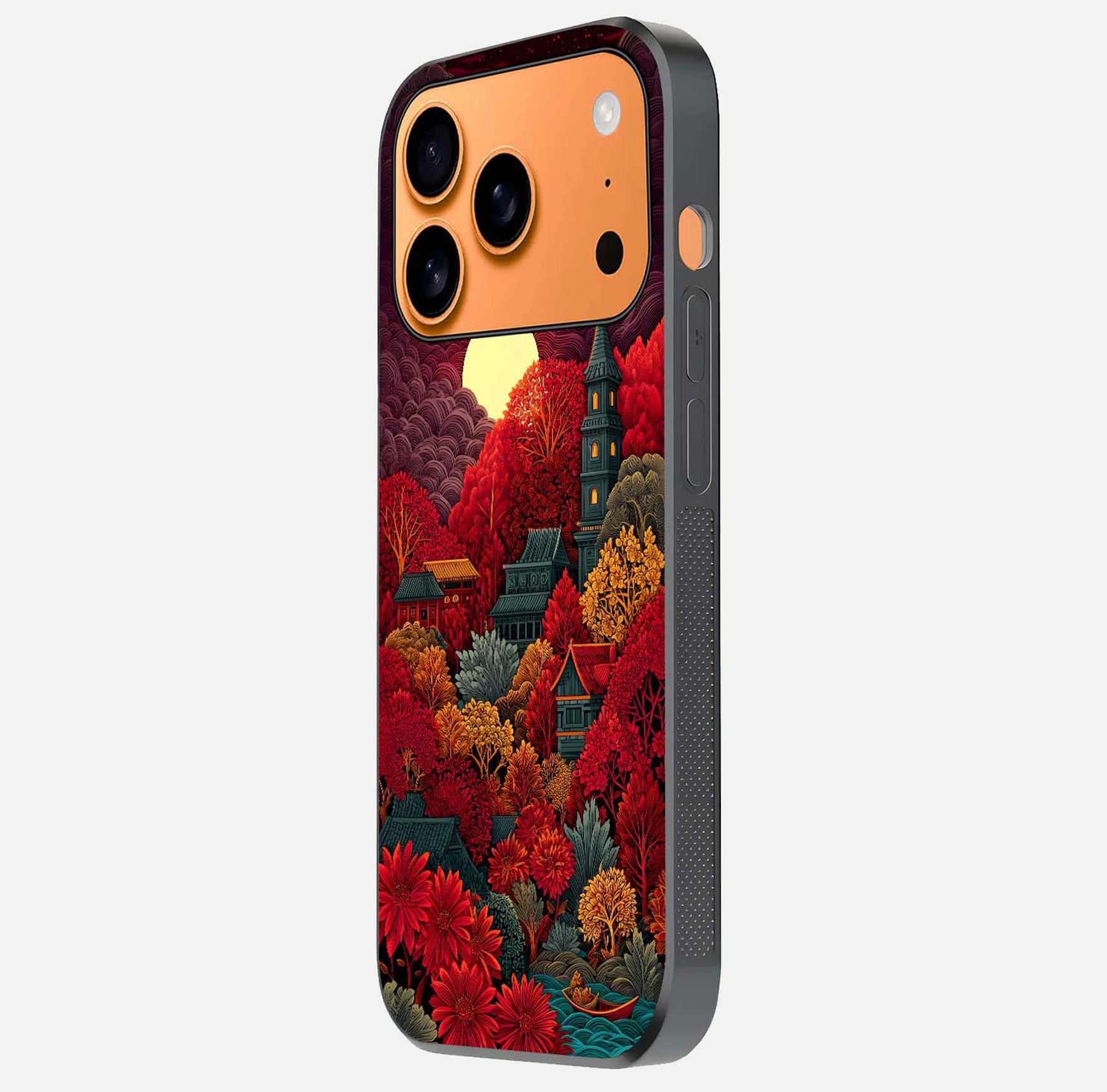 Scarlet Autumn Temple Glass Case for iPhone 17 Pro Max side-angle image showing color depth and reflection clarity