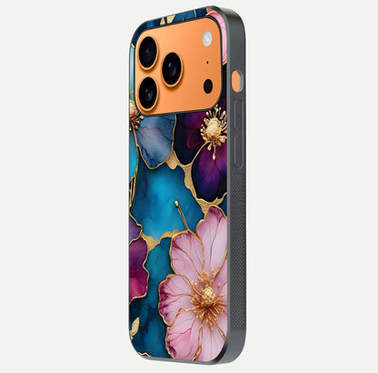 Sparkle Floral Glass Case for iPhone 17 Pro Max side-angle image showing reflection, gloss, and floral texture