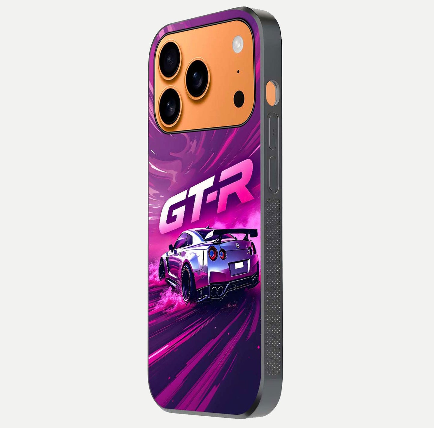 Speed Drift Legend Glass Case for iPhone 17 Pro Max side-angle image showing car print reflection and surface gloss