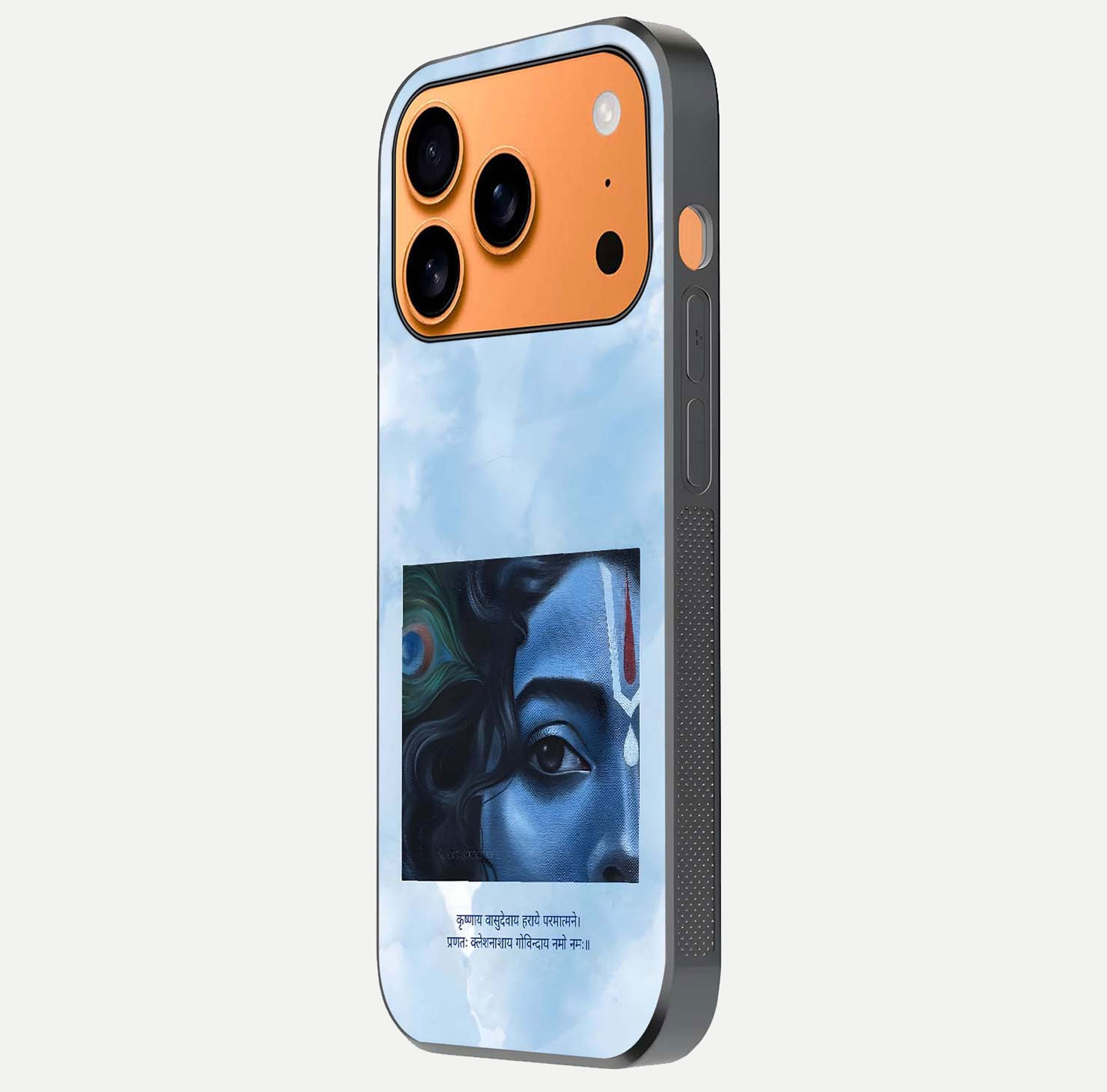 Spiritual Krishna Glass Case for iPhone 17 Pro Max side-angle image showing reflection and vivid artwork clarity