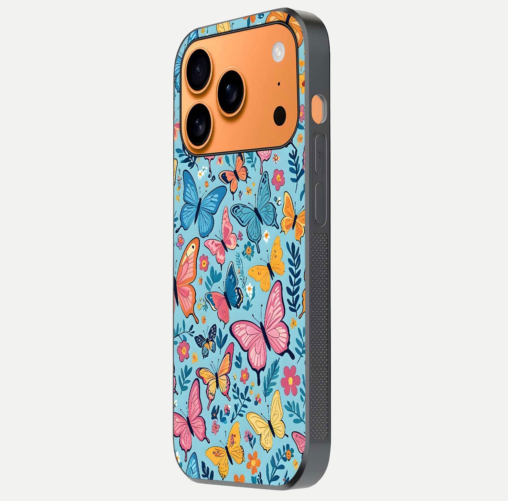 Spring Wing Garden Glass Case for iPhone 17 Pro Max side-angle image showing shine, color, and pattern depth