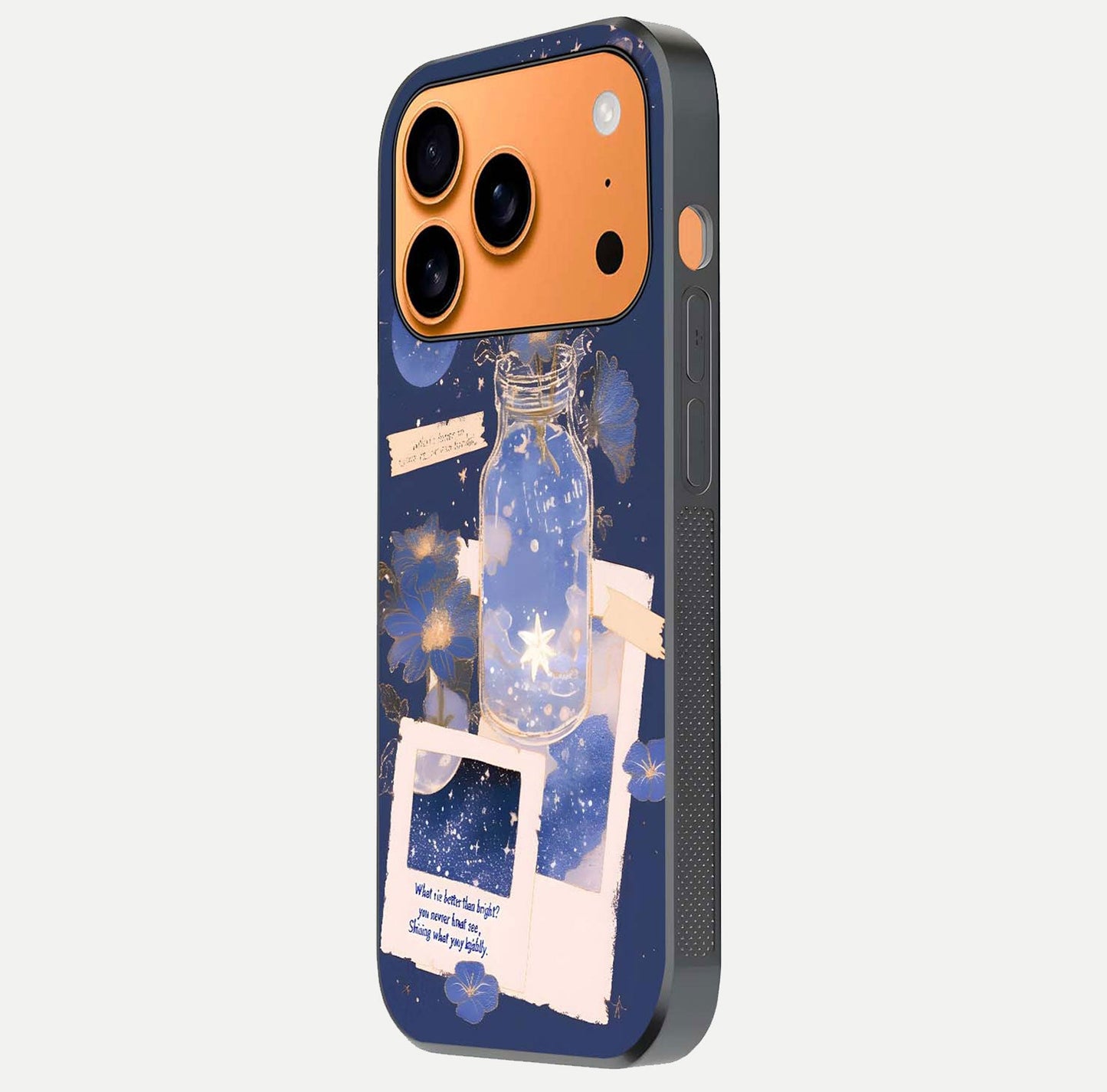 Starlit Cosmic Jar Glass Case for iPhone 17 Pro Max side-angle image showing glow, texture, and light reflection