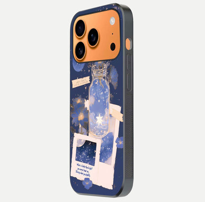 Starlit Cosmic Jar Glass Case for iPhone 17 Pro Max side-angle image showing glow, texture, and light reflection